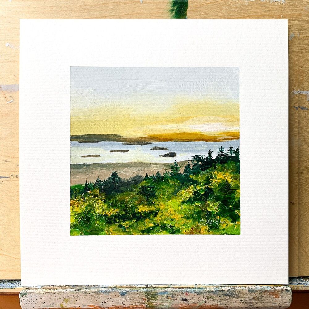 8x8 Maine Original Oil Painting Cadillac Sunrise Acadia New England Ocean Signed - Picture 2 of 6